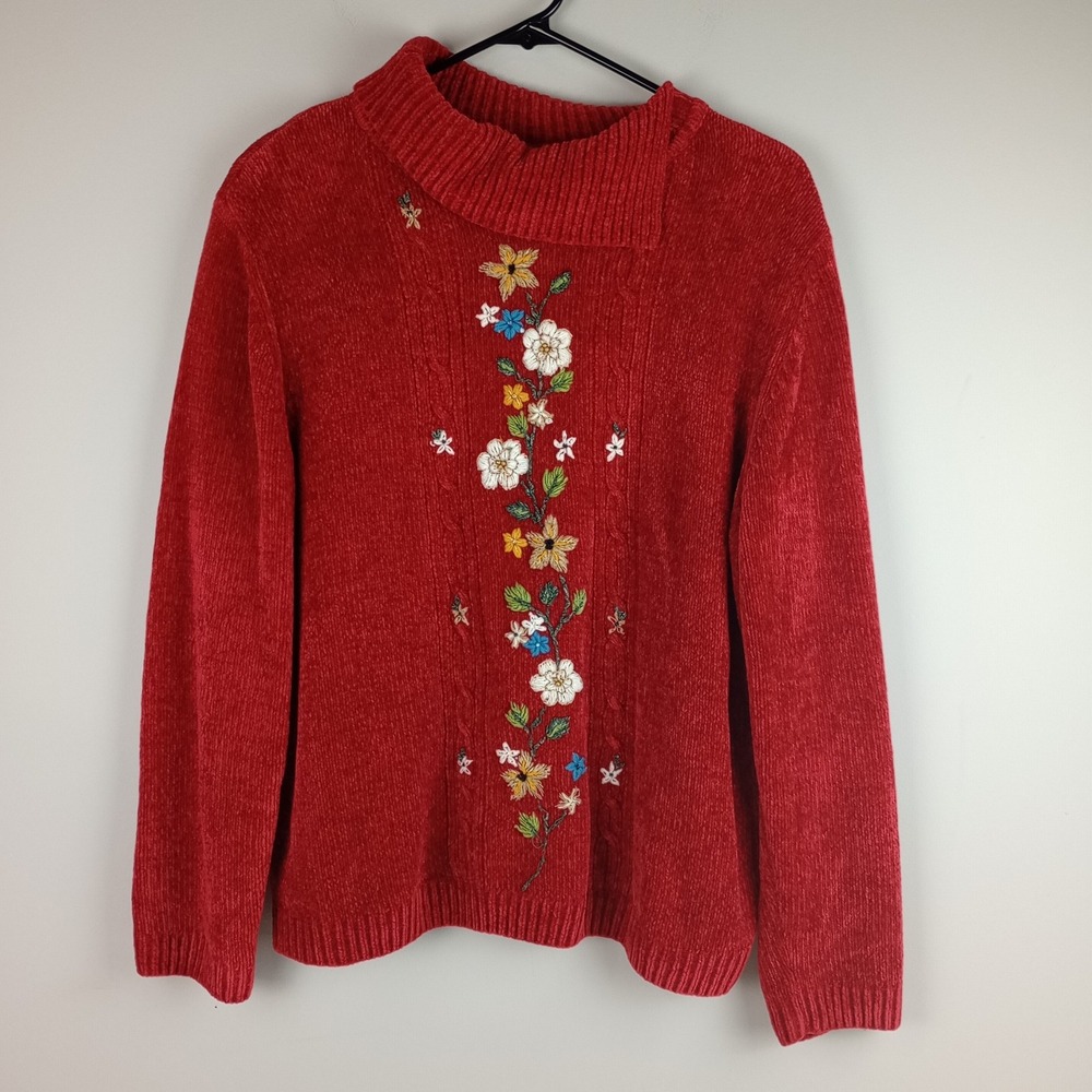 Alfred Dunner Womens L Red Floral Embroidered Chenille Knit Mock Neck Sweater